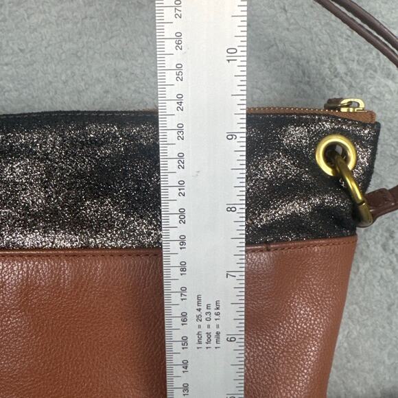 Fossil Crossbody Purse Keely Bag Brown Pebble Cowhide Black Sparkle Pockets - Picture 6 of 12